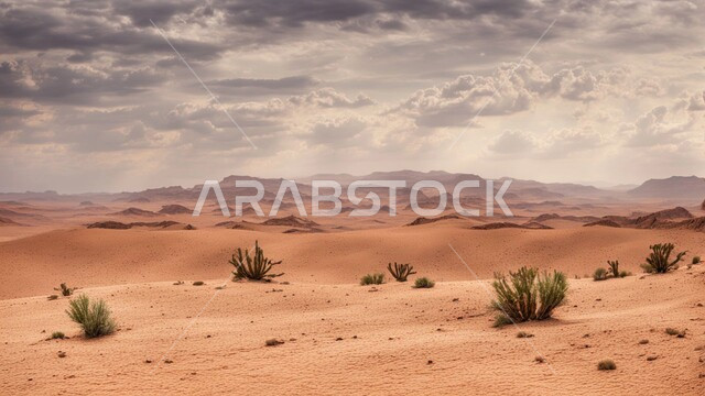 منظر السماء المليئة بالغيوم وقت الغروب، مناطق البادية والبيئة الصحراوية في المملكة العربية السعودية، نمو النباتات البرية في الصحاري، الهضاب و التلال من الرمال الناعمة الذهبية، الطبيعة الرملية في وسط الصحراء، خلفية الطبيعة