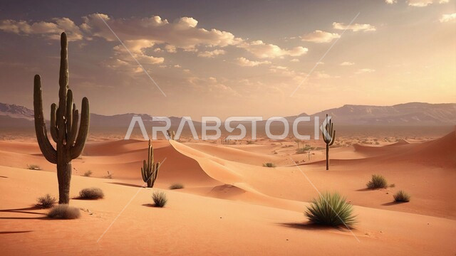 Badia and desert environment in Saudi Arabia, growth of wild plants in deserts, plateaus and hills of soft golden sand, sandy nature in the middle of the desert, view of the sky full of clouds at sunset, nature background