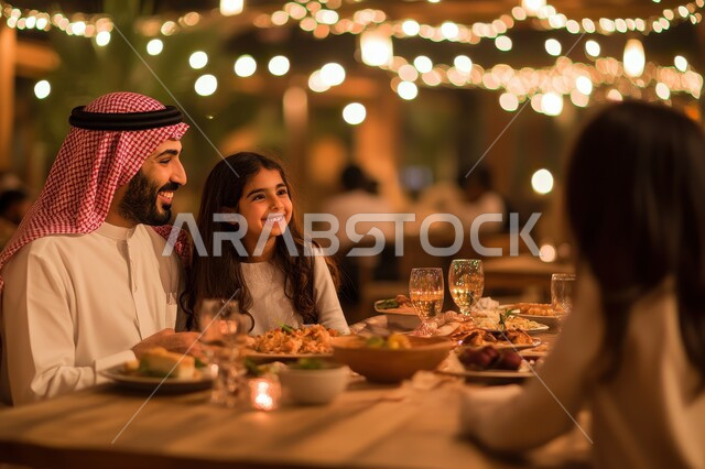 أسره سعودية تجلس في مطعم مزين بديكورات وإضاءة رمضانيه, إجتماع الأهل على المائدة, أجواء عائلية سعيدة، سفرة إفطار مليئة بأصناف من المأكولات والمقبلات الشهية, عائلة عربية خليجية سعودية مستمتعة بتناول الفطور في شهر الخير