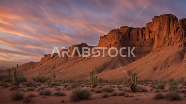 Natural rock formations and formations in desert areas, mountain peaks and heights in Saudi Arabia, soft golden sands and dunes in the middle of the desert at sunset, wild plants growing in deserts