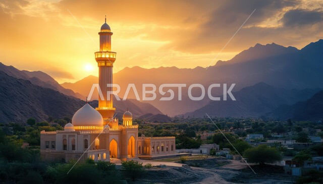 منظر مسجد محاط  بالأشجار والنباتات الخضراء والجبال في وقت غروب الشمس، العبادة والتقرب إلى الله، أماكن اسلامية دينية مقدسة، الفن الهندسي المعماري لبناء المساجد على الطراز الاسلامي، المناظر الطبيعية في المملكة العربية السعودية