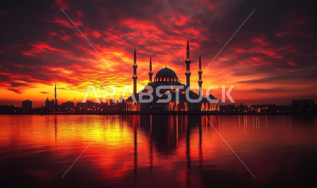 انعكاس المسجد على سطح ماء البحيرة في المملكة العربيه السعودية، العبادة والتقرب إلى الله، أماكن أداء الفرائض والصلوات، منظر السماء المليئة بالسحب في وقت غروب الشمس، الفن الهندسي المعماري على الطراز العربي الاسلامي للقبب والمآذن