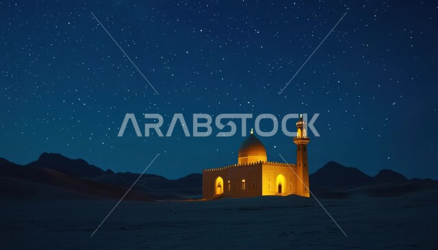 مسجد بتصميم بسيط في الصحراء في الليل، العبادة والتقرب إلى الله، مساجد المملكه العربية السعوديه، القبب والمآذن المضيئة، أماكن آداء الفرائض والصلوات، منظر السماء المليئة بالنجوم