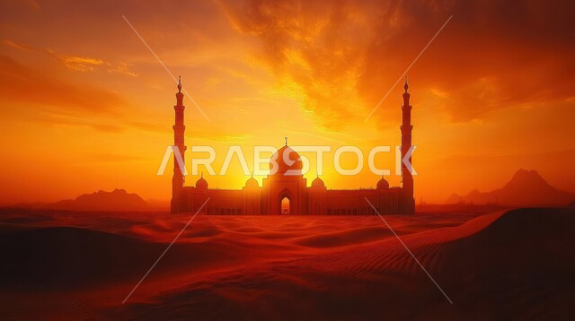 منظر السماء المليئه بالسحب في وقت غروب الشمس، الفن الهندسي المعماري على الطراز العربي الإسلامي للقبب والمآذن، مساجد المملكه العربية السعوديه وسط الكثبان الرملية، العبادة والتقرب إلى الله، أماكن آداء الفرائض والصلوات