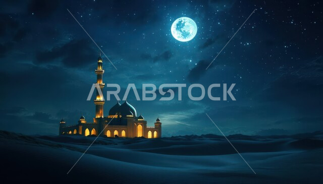The view of the full moon at night with the stars, the architectural art of the Arab Islamic style of domes and minarets, the mosques of the Kingdom of Saudi Arabia in the middle of the sand dunes, worship and getting closer to God, places for performing religious duties and prayers