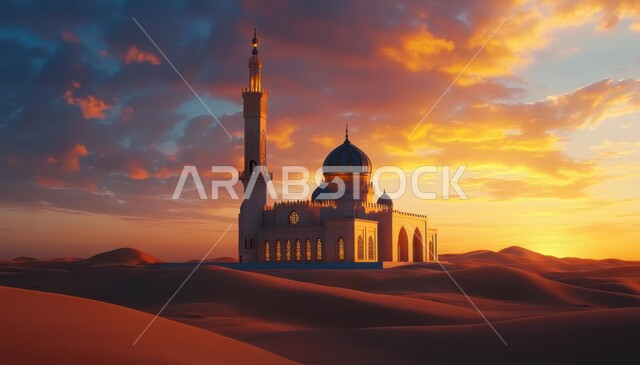 الفن الهندسي المعماري على الطراز العربي الإسلامي للقبب والمآذن، مساجد المملكه العربية السعوديه وسط الكثبان الرملية، العبادة والتقرب إلى الله، أماكن آداء الفرائض والصلوات، منظر السماء المليئه بالسحب في وقت غروب الشمس