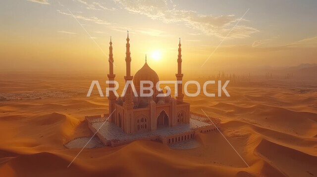 العبادة والتقرب إلى الله، أماكن آداء الفرائض والصلوات، منظر السماء مع السحب في وقت غروب الشمس، الفن الهندسي المعماري على الطراز العربي الإسلامي للقبب والمآذن، مساجد المملكه العربية السعوديه وسط الكثبان الرملية