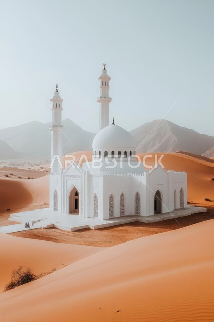 مسجد باللون الأبيض بين الرمال الذهبية الناعمة في الصحراء ،الفن الهندسي المعماري للمساجد الدينية الإسلامية وسط التلال والكثبان الرملية في المملكة العربية السعودية ،مناطق البادية والبيئة الطبيعية الصحراوية ،العبادة والتقرب إلى الله ،المآذن والقبب على الطراز الإسلامي
