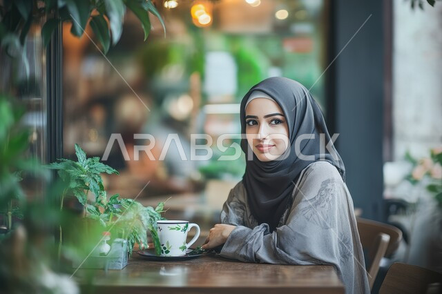 الاستمتاع في تناول المشروبات الساخنه الشهيه، مفهوم الاهتمام بالمظهر الخارجي، منتجات محلية وطنية سعودية، صورة مقربة لامراة عربيه خليجية سعودية مبتسمة محجبة تجلس في أحد المقاهي وبجانبها كوب من القهوة، ايماءات السعادة والسرور