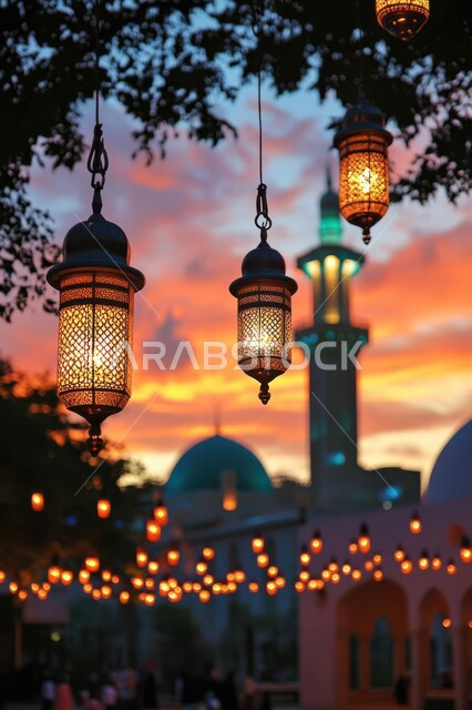 مجموعة من الفوانيس العربية المعدنية المزخرفة المضيئة المعلقة، تحف وديكورات تقليدية للاحتفال بقدوم شهر رمضان المبارك، العادات والتقاليد العربية في زينة الأعياد والمناسبات الدينية, أجواء رمضانية وروحانية إسلامية، مساجد المملكة العربية السعودية وقت غروب الشمس