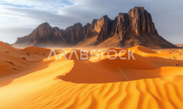 الرمال الذهبية الناعمة والكثبان في الصحراء العربية، منظر السماء الممتلئة بالغيوم، التلال والهضاب الرملية والجبال في النهار، المناطق الطبيعية الصحراوية في المملكة العربية السعودية