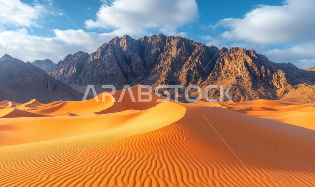 منظر السماء الممتلئة بالغيوم، التلال والهضاب الرملية والجبال في النهار، المناطق الطبيعية الصحراوية في المملكة العربية السعودية، الرمال الذهبية الناعمة والكثبان في الصحراء العربية
