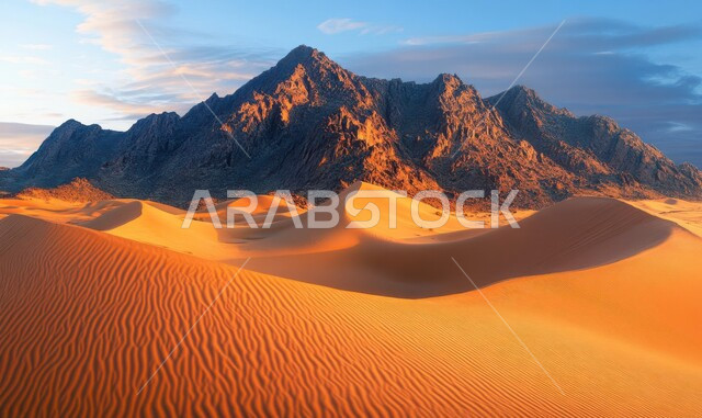 التلال والهضاب الرملية والجبال في النهار، المناطق الطبيعية الصحراوية في المملكة العربية السعودية، الرمال الذهبية الناعمة والكثبان في الصحراء العربية، منظر السماء الممتلئة بالغيوم