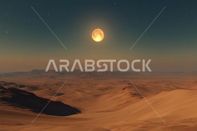 منظر السماء في الليل مع القمر الكامل المضيء، التلال والهضاب الرملية، المناطق الطبيعية الصحراوية في المملكة العربية السعودية، الرمال الذهبية الناعمة والكثبان في الصحراء العربية