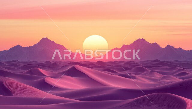 منظر السماء مع غروب الشمس، التلال والهضاب الرملية والمرتفعات، المناطق الطبيعية الصحراوية في المملكة العربية السعودية، الرمال الكثيفة الناعمة والكثبان في الصحراء العربية