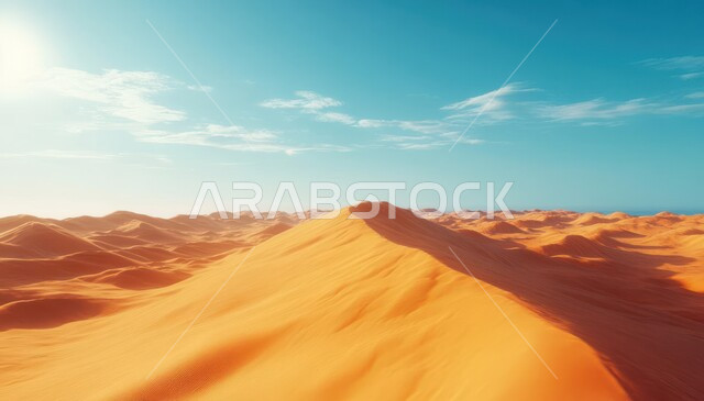 منظر السماء الزرقاء مع الغيوم القليلة، التلال والهضاب الرملية في النهار، المناطق الطبيعية الصحراوية في المملكة العربية السعودية، الرمال الذهبية الناعمة والكثبان في الصحراء العربية