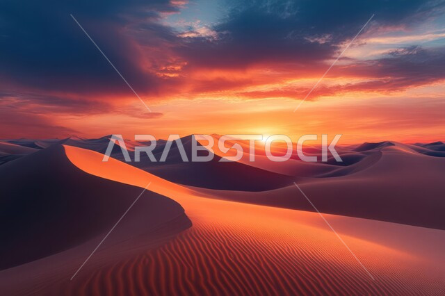 الرمال الذهبية الكثيفة الناعمة والكثبان في الصحراء العربية، منظر السماء مع غروب الشمس، التلال والهضاب الرملية والمرتفعات، المناطق الطبيعية الصحراوية في المملكة العربية السعودية