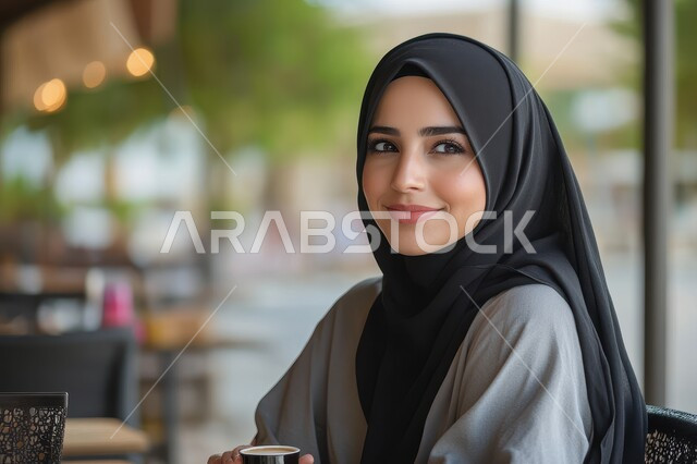  مفهوم الاهتمام بالمظهر الخارجي، منتجات محلية وطنية سعودية، صورة مقربة لامراة عربيه خليجية سعودية مبتسمة محجبة تجلس في أحد المقاهي وبجانبها كوب من القهوة، ايماءات السعادة والسرور، الاستمتاع في تناول المشروبات الساخنه الشهية