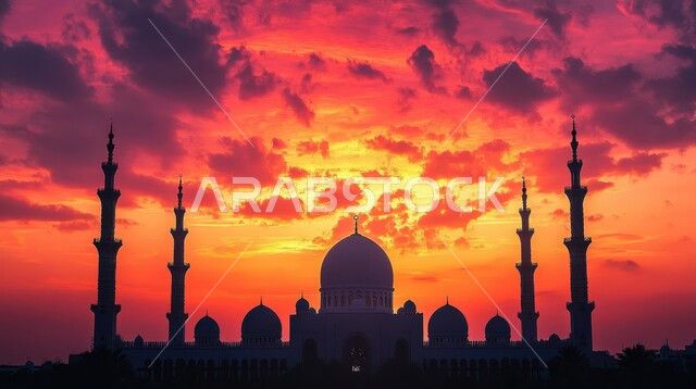Islamic Arab architectural style of domes and minarets, worship and closeness to God, mosques of the Kingdom of Saudi Arabia, view of the sky full of clouds at sunset, places for performing religious duties and prayers