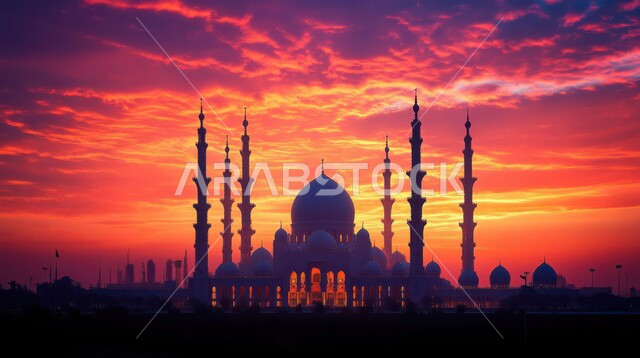 Mosque Silhouette Against a Dramatic Sunset Sky