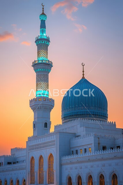  منظر السماء في وقت غروب الشمس، مفهوم العبادة والتقرب إلى الله تعالى، التصاميم الهندسية المعمارية للمآذن والقبب المضيئة على الطراز الاسلامي، نداء المسلمين لأداء الفرائض والصلوات، مساجد المملكه العربية السعودية