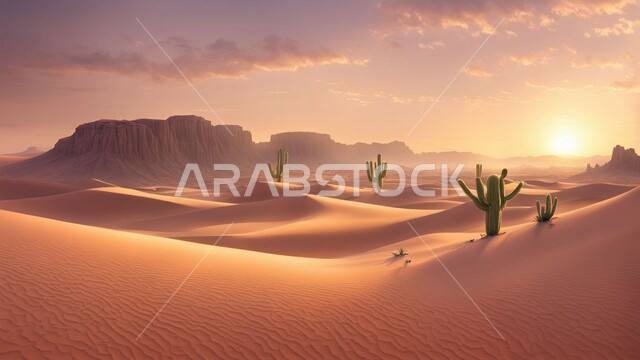 Wild plants growing in deserts, soft golden sand and dunes in the middle of the desert at sunset, mountain peaks and heights in Saudi Arabia, natural rock formations and formations in desert areas, nature background