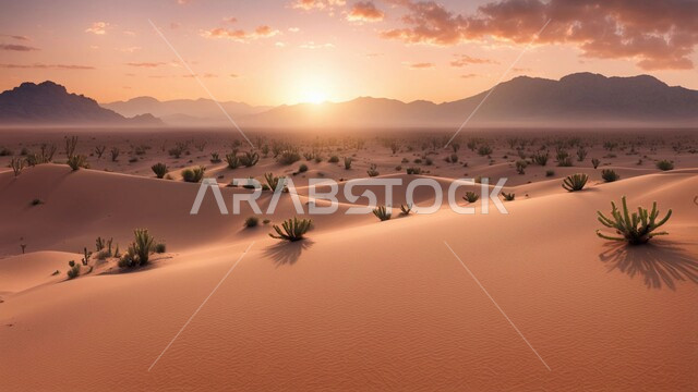 التكوينات والتشكلات الرملية في وسط الصحراء، نمو النباتات البرية في الصحاري، منظر الغيوم في السماء وقت النهار، مناطق البادية والبيئة الطبيعية الصحراوية في المملكة العربية السعودية، الهضاب والتلال من الرمال الناعمة الذهبية، خلفية الطبيعة