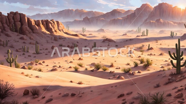 الرمال الذهبية الناعمة في وسط الصحراء في وقت النهار، نمو النباتات البرية والشوكية في الصحاري، القمم والمرتفعات الجبلية في المملكة العربية السعودية، التكوينات والتشكيلات الصخرية الطبيعية في المناطق الصحراوية