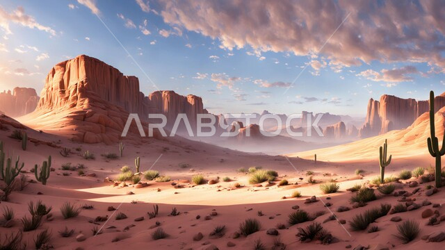 الرمال الذهبية الناعمة والكثبان في وسط الصحراء وقت النهار، التكوينات والتشكيلات الصخرية الطبيعية في المناطق الصحراوية، القمم والمرتفعات الجبلية في المملكة العربية السعودية، نمو النباتات البرية والشوكية في الصحاري