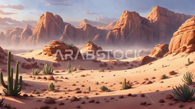 Natural rock formations and formations in desert areas, mountain peaks and heights in the Kingdom of Saudi Arabia, soft golden sands and dunes in the middle of the desert during the day, growth of wild and thorny plants in deserts