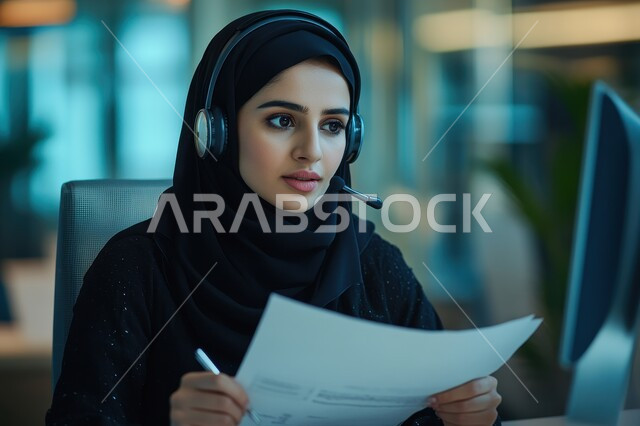 الرد على الاستعلامات والاستفسارات وخدمة العملاء، مهن ووظائف إدارية سعودية, استخدام التقنيات الحديثة والمتطورة بالأعمال المكتبية، صورة مقربة لموظفة عربية خليجية سعودية محجبة ترتدي الزي الكاجوال تجلس في مكتب أمام الحاسوب تحمل بيدها ورقة وتقوم بإجراء اتصال هاتفي