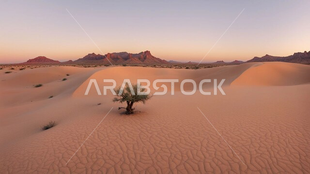 الرمال الذهبية الناعمة في وسط الصحراء وقت غروب الشمس، البيئة الرملية في المملكة العربية السعودية، نمو النباتات البرية والشوكية في الصحاري، التلال والهضاب في المناطق الصحراوية، خلفية الطبيعة