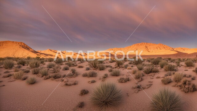 نمو النباتات البرية والشوكية في الصحاري، الرمال الذهبية الناعمة في وسط الصحراء وقت غروب الشمس، البيئة الرملية في المملكة العربية السعودية، التلال والهضاب في المناطق الصحراوية، خلفية الطبيعة