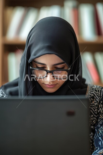 إنجاز المهام المطلوبة عبر الحاسوب المحمول بايماءات الاندماج والتركيز، وظائف ومهن مكتبية سعودية، دمج العمل مع التكنولوجيا، إدارة شؤون الشركة وتنظيمها عبر الاجهزة التقنية، صورة مقربة لامرأة عربية خليجية سعودية محجبة تضع النظارة الطبية وتعمل في المكتب