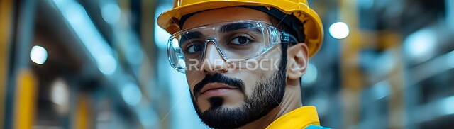 مفهوم الهندسة و الصناعة، صورة مقربة لعامل عربي سعودي خليجي يرتدي النظارات الحساسة وخوذة الحماية ينظر إلى الكاميرا بتعابير الثقة في مصنع حديث، جودة الصناعه والانتاج في معامل المملكة، الادارة والاشراف على آلية التصنيع، مهن ووظائف في شبابية