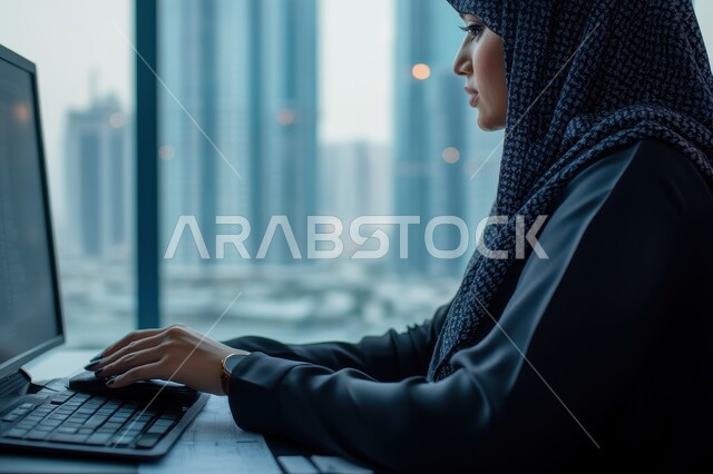 ادارة الأعمال عن بعد، استخدام الأجهزة الحديثة والمتطورة، صورة من الجانب لإمرأة عربية خليجية سعودية ترتدي العباءة والحجاب تقوم باستخدام الحاسب المحمول، ايماءات التركيز والاندماج، دمج التكنولوجيا بالعمل، إنجاز المهام المطلوبة عبر اللابتوب، مهن ووظائف نسائية