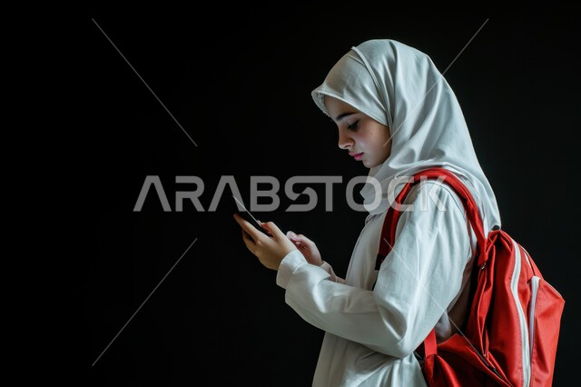 تصفح التطبيقات ووسائل التواصل الاجتماعي، بورتريه من الجانب لطالبة جامعية عربية خليجية سعودية محجبة تحمل حقيبة الظهر وتستخدم الهاتف المحمول، البحث والمطالعة من خلال الجوال، الاستعداد للعام الدراسي الجامعي الجديد، خلفية سوداء