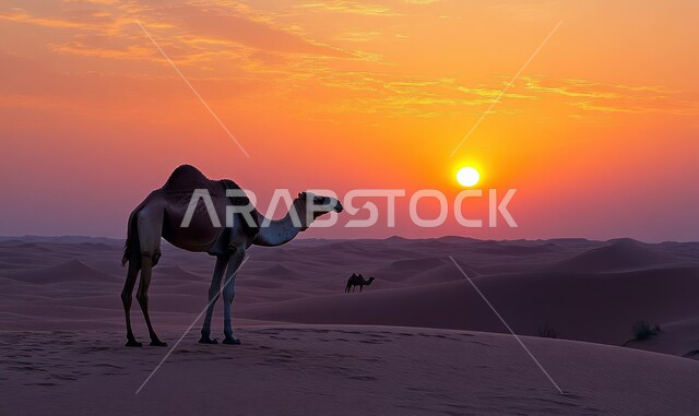حيوان الجمل يقف وسط الرمال الذهبية الناعمة وقت غروب الشمس، محميات طبيعية برية في المناطق الصحراوية، وسائل التنقل والسفر في القدم، رعاية المواشي والثدييات والاهتمام بها في المملكة العربية السعودية
