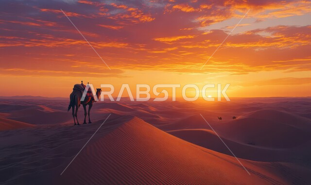 حيوان الجمل يقف وسط الرمال الذهبية الناعمة وقت غروب الشمس، محميات طبيعية برية في المناطق الصحراوية، وسائل التنقل والسفر في القدم، رعاية المواشي والثدييات والاهتمام بها في المملكة العربية السعودية