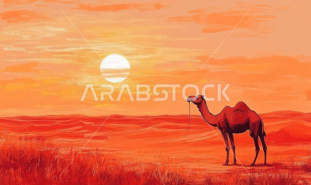 حيوان الجمل يقف وسط الرمال الذهبية الناعمة وقت غروب الشمس، محميات طبيعية برية في المناطق الصحراوية، وسائل التنقل والسفر في القدم، رعاية المواشي والثدييات والاهتمام بها في المملكة العربية السعودية