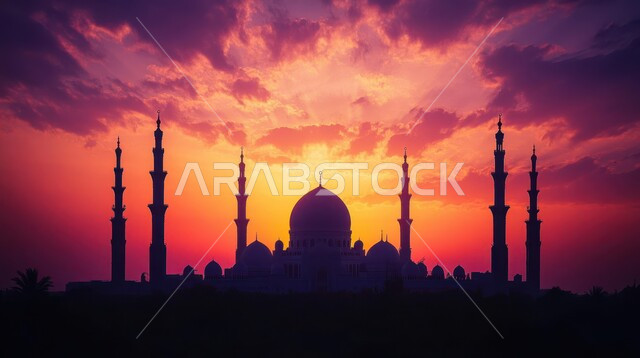 Religious monuments and holy places, worship and closeness to God, calling Muslims to prayer, a picture of a mosque at sunset, the architectural art of minarets and domes