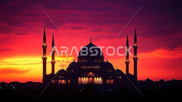 المعالم الدينية والأماكن المقدسة، العباده والتقرب إلى الله، دعوة المسلمين إلى الصلاه، صورة لمسجد في وقت الغروب، الفن الهندسي المعماري للمآذن والقبب