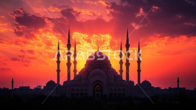 Religious monuments and holy places, worship and closeness to God, calling Muslims to prayer, a picture of a mosque at sunset, the architectural art of minarets and domes