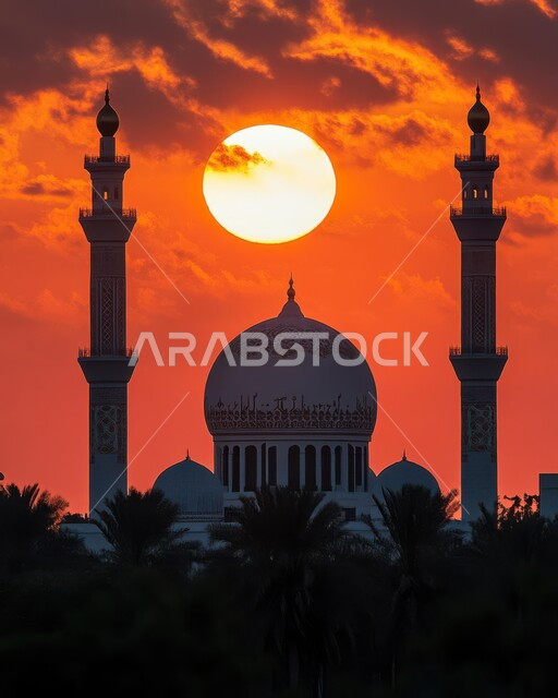 المعالم الدينية والأماكن المقدسة، العباده والتقرب إلى الله، دعوة المسلمين إلى الصلاه، صورة لمسجد في وقت الغروب، الفن الهندسي المعماري للمآذن والقبب