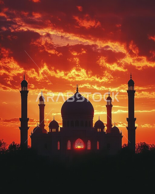 Worshiping and getting closer to God, calling Muslims to prayer, a picture of a mosque at sunset, religious monuments and holy places, the architectural art of minarets and domes