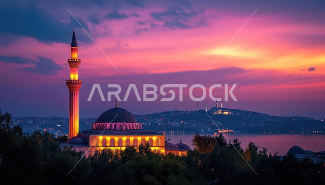 الفن الهندسي المعماري للمآذن والقبب، المعالم الدينية والأماكن المقدسة، العباده والتقرب إلى الله، دعوة المسلمين إلى الصلاه، صورة لمسجد في وقت الغروب