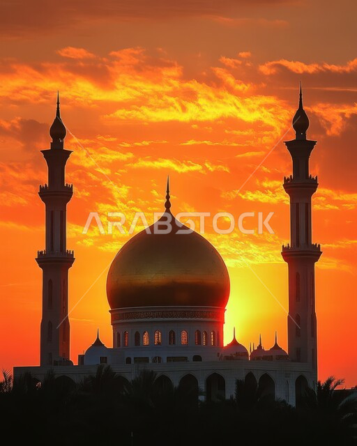 Worshiping and getting closer to God, calling Muslims to prayer, a picture of a mosque at sunset, religious monuments and holy places, the architectural art of minarets and domes