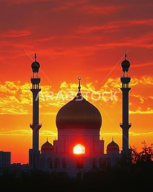 Worshiping and getting closer to God, calling Muslims to prayer, a picture of a mosque at sunset, religious monuments and holy places, the architectural art of minarets and domes