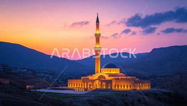 Calling Muslims to prayer, worship and getting closer to God, a picture of a mosque at sunset, religious monuments and holy places, the architectural art of minarets and domes