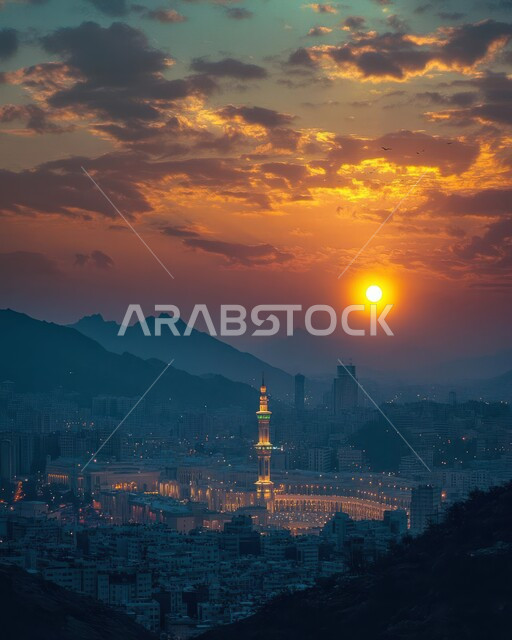 العباده والتقرب إلى الله،  دعوة المسلمين إلى الصلاه،  صورة لمسجد في وقت الغروب، المعالم الدينية والأماكن المقدسة، الفن الهندسي المعماري للمآذن والقبب